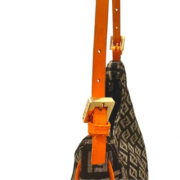 New Auth Fendi zucchino Monogram mini hobo Shoulder Bag orange black logo canvas - Picture 10 of 16
